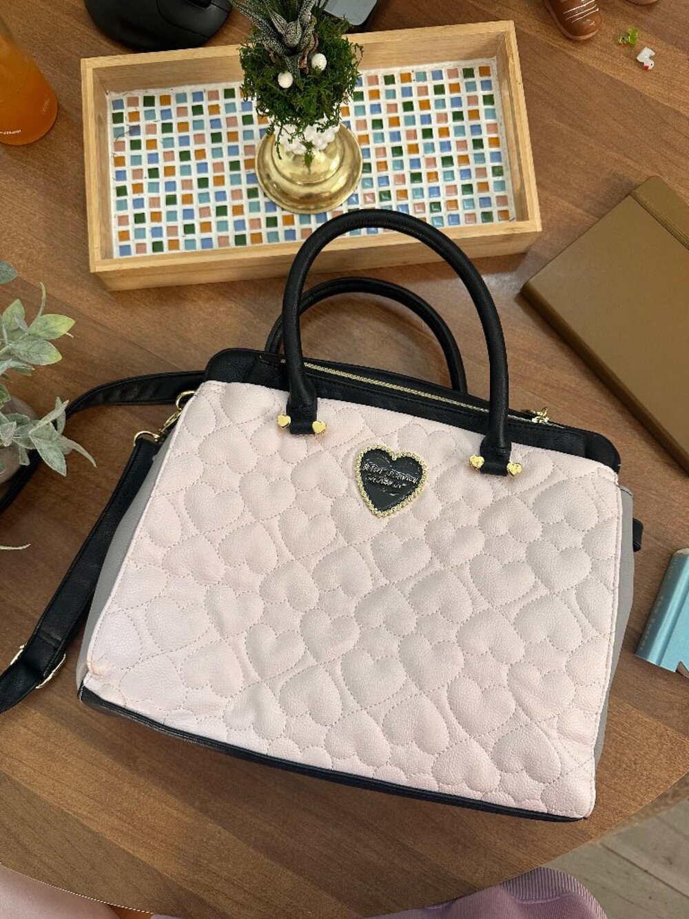 Betsey Johnson Heart Quilted Satchel in Pink & Black